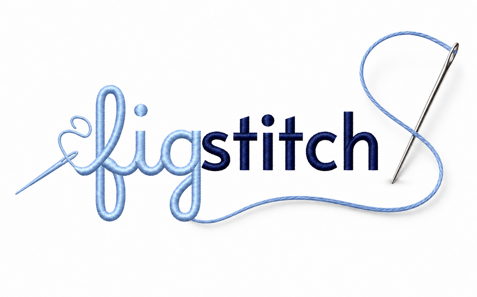 The embroidered Figstitch wordmark in navy and pale blue with a real needle and thread passing through the white page