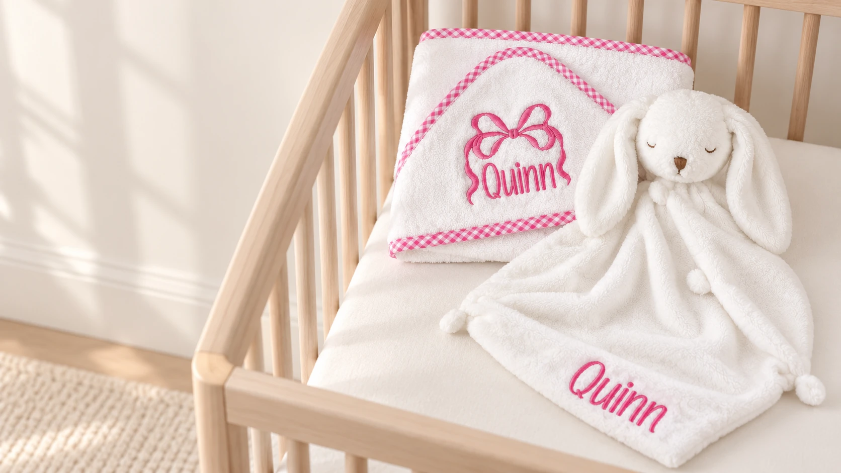 Quinn embroidered bunny comforter and pink-trimmed baby towel displayed in an empty oak crib.