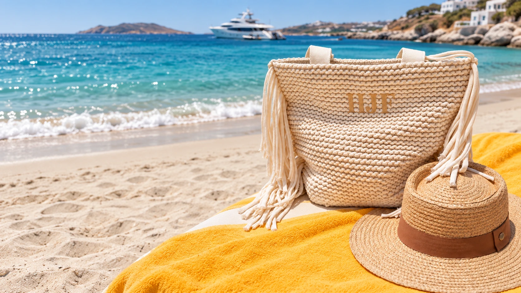 Cream woven HJF monogram tote on a yellow beach towel beside turquoise water.