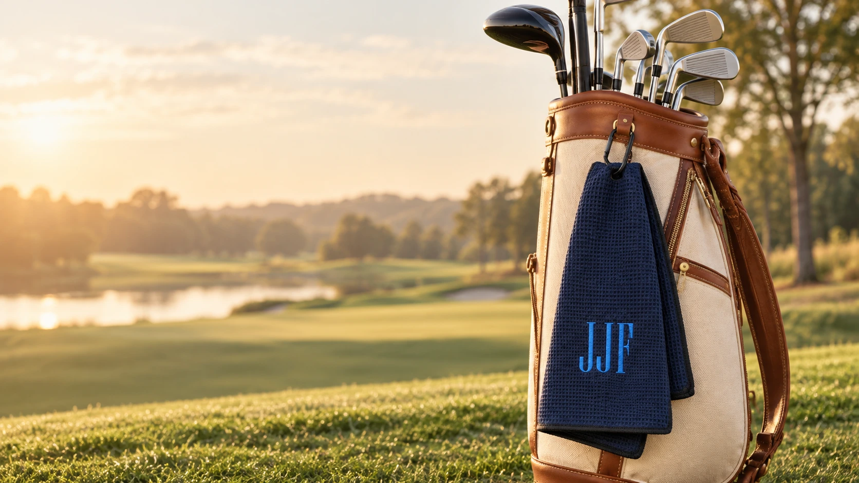 Navy JJF embroidered golf towel clipped to an ivory golf bag beside a sunlit fairway.