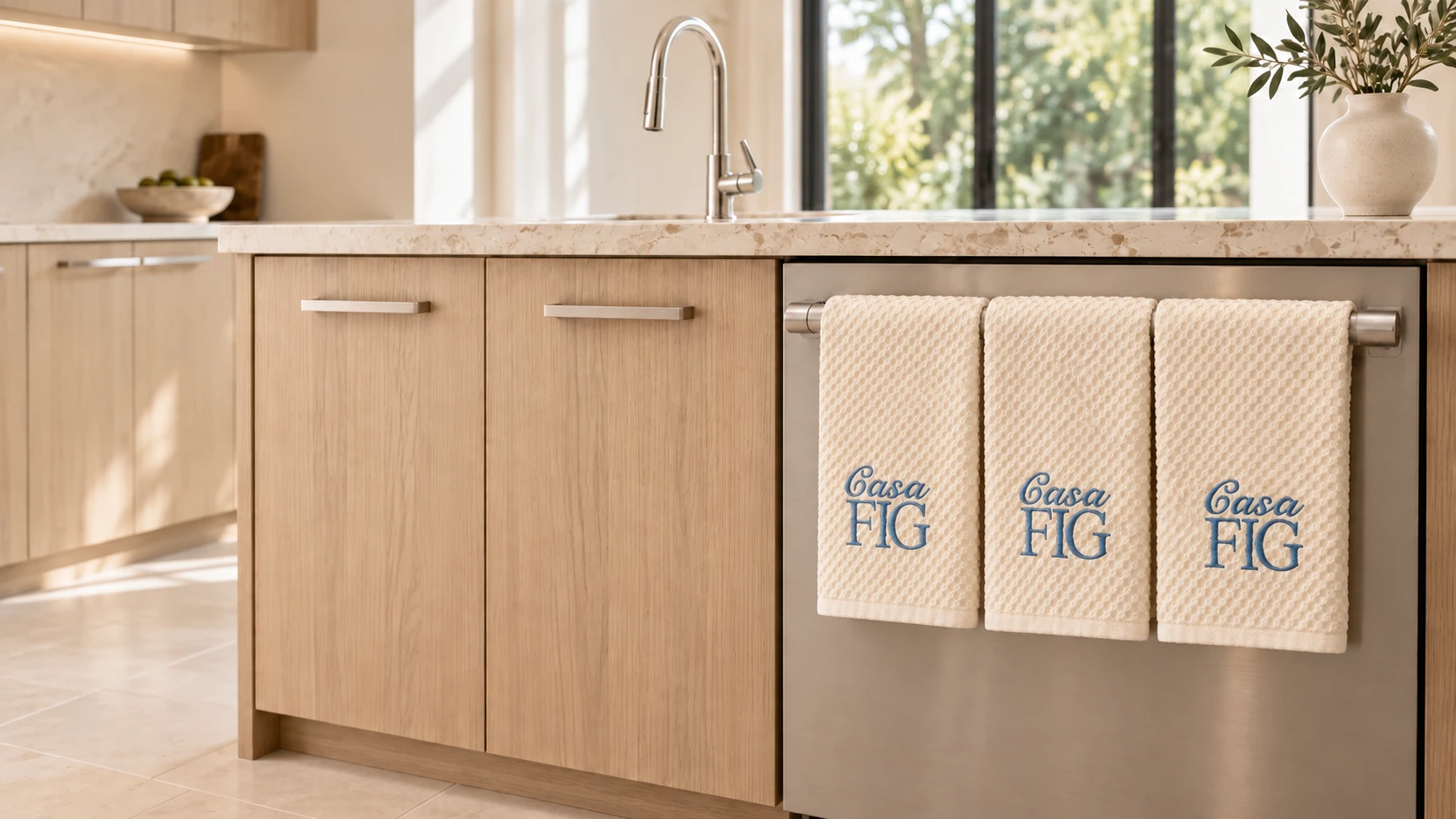 Three neatly pressed ivory towels with matching blue Casa FIG embroidery in a sunlit kitchen with light oak cabinets.