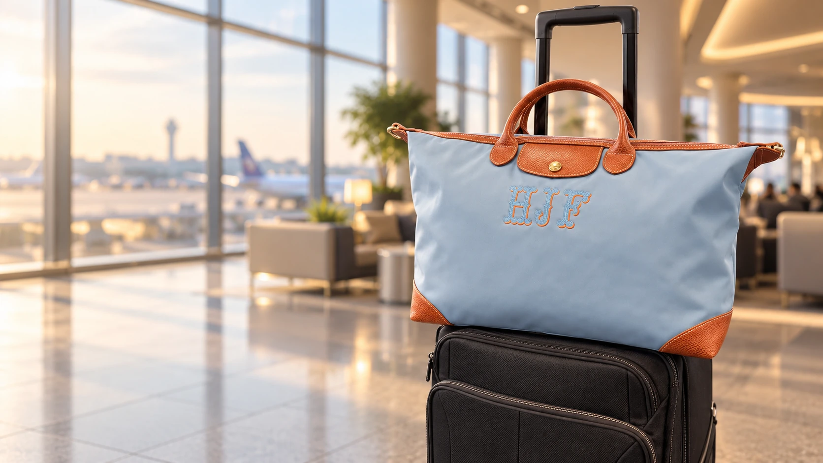 Powder-blue HJF monogram travel bag on a suitcase in a sunlit airport lounge.