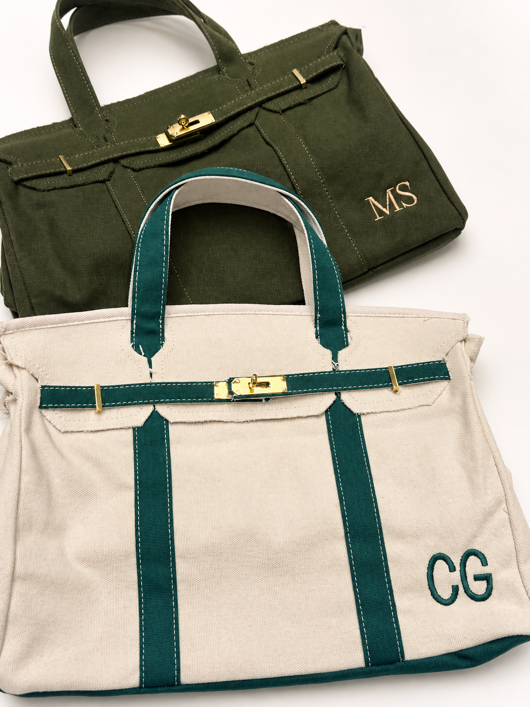 Personalized Figstitch canvas bags photographed in professional studio light
