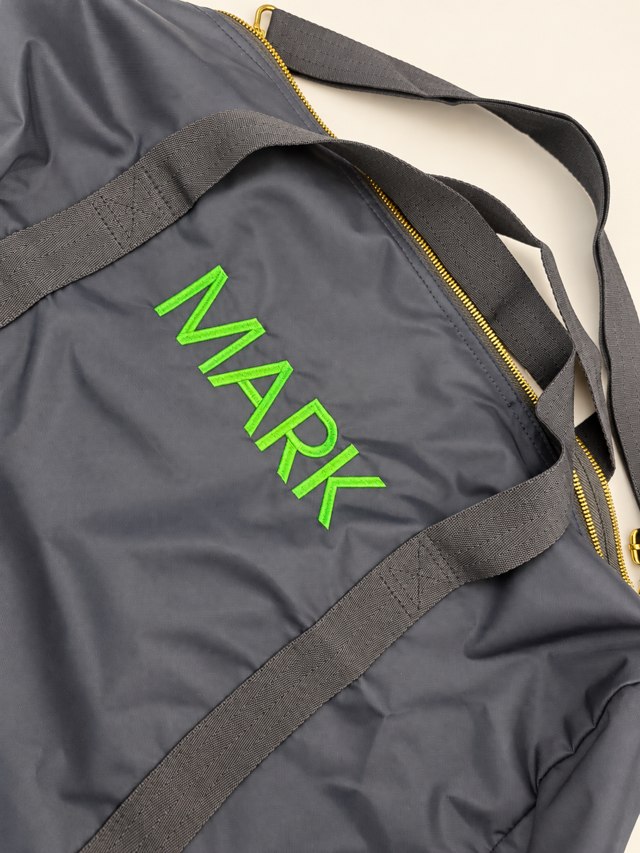 Personalized duffel — embroidery detail