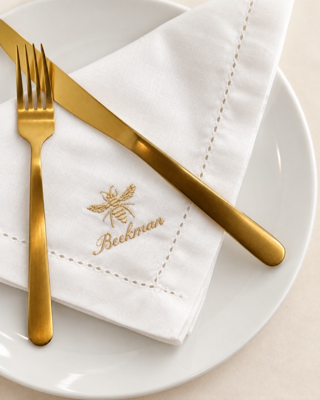 White embroidered bee dinner napkin with gold utensils