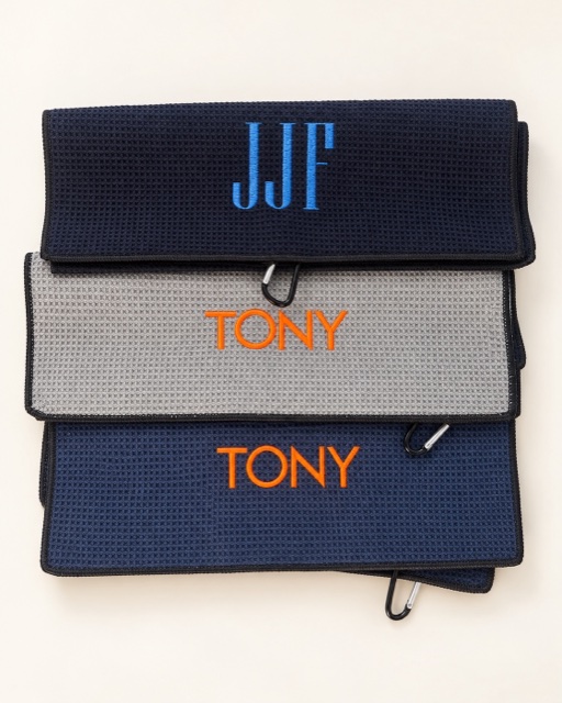 Personalized navy and gray waffle golf towels