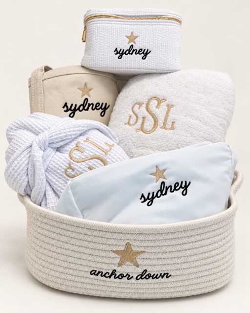 Sydney personalized gift basket with embroidered pouches, robe and towel