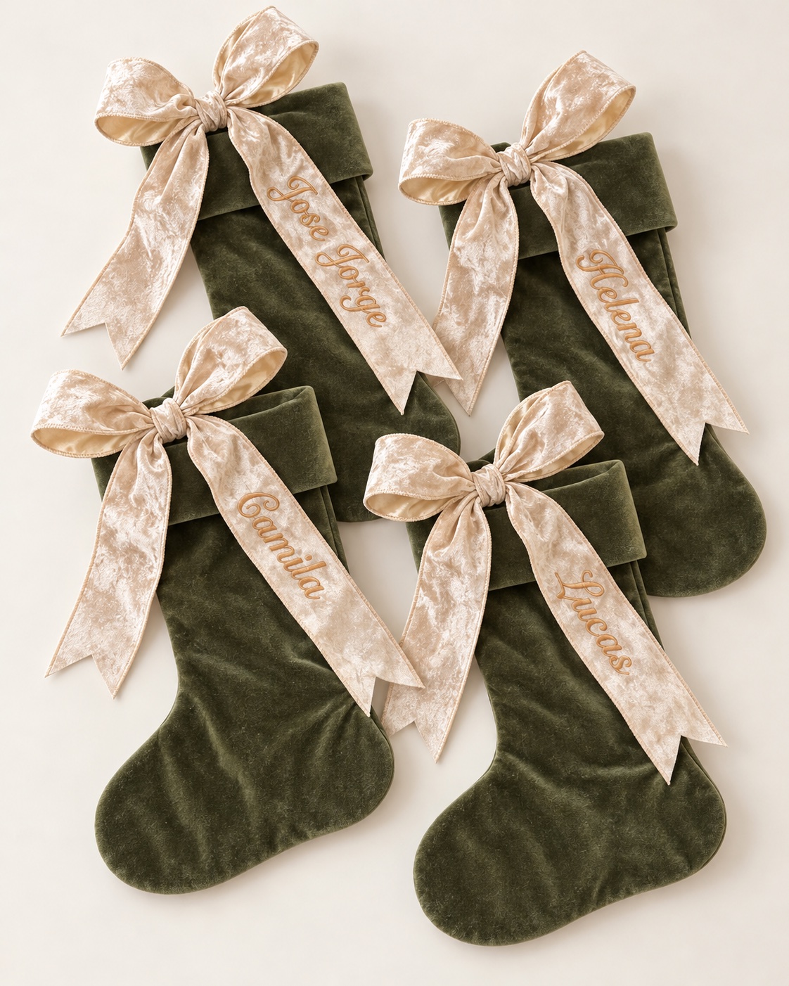 Olive velvet stockings with personalized champagne ribbons